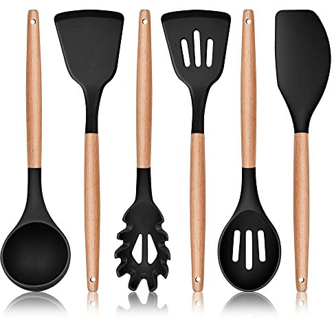 Herogo Kitchen Utensils Set, 6 Piece Silicone Cooking Utensils Set, Non-Stick Spatula Turner Spoon with Wooden Handle, Heat Resistant Kitchen Tools for Nonstick Cookware - Black
