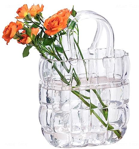 NiHome Vaso in vetro trasparente con manico, a forma di borsa, vaso per fiori, decorazione per fattoria, fatto a mano, a bocca larga, per ufficio, casa, soggiorno, tavolo da pranzo