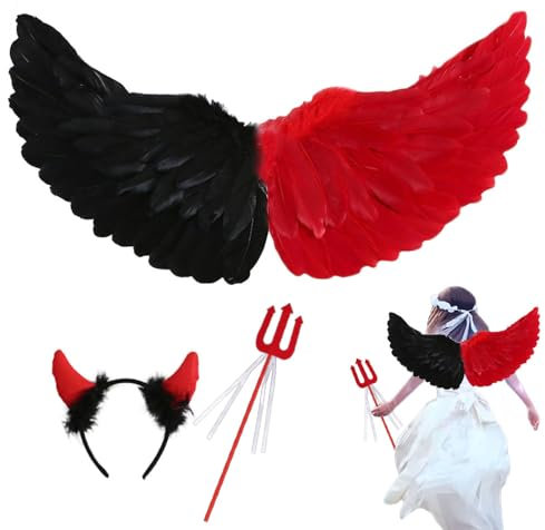 Anyingkai Engelsflügel Schwarz Rot,Teufel Flügel Kinder,Engel und Teufel Kostüm Halloween,Teufel Flügel Damen,Schwarz Flügel Mädchen,Federflügel Engel für Karneval Party Fasching Kostüme