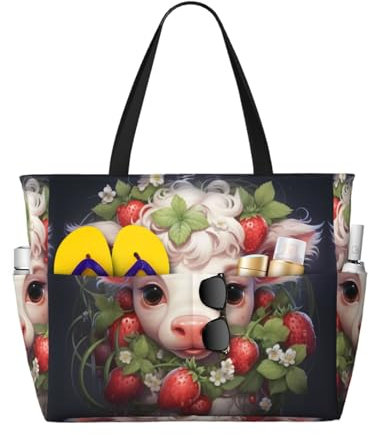 Strand-Reisetasche mit Libelle mit rosa Blumen, geräumig, großes Fassungsvermögen, faltbare Strandtasche, Tragetasche mit Reißverschluss, Kuh im Erdbeerstrauch, Einheitsgröße