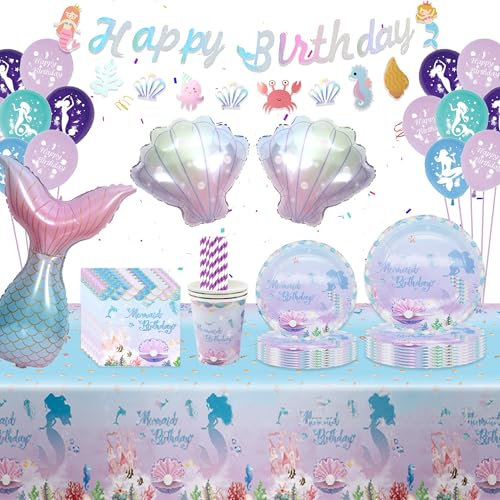Mermaid Party Decorations Tableware Girls - Pink Purple Birthday Supplies, Happy Birthday Banners, Pull Flower, Tail Shell Balloons, Tablecloths Plates Cups Napkins for Girls Baby Shower, Serves 10