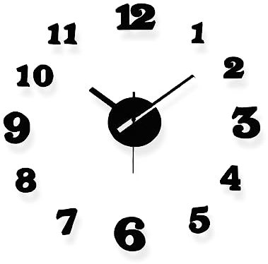 Reloj de Pared Grande sin Marco - Reloj Decorativo con Piezas Autoadhesivas Color Negro - Goma EVA - 12 Numeros - Movimiento Silencioso - Hogar u Oficina - Diámetro Recomendable 60 cm - Aktual