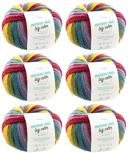 MyOma Merino Wolle Fantasy (Fb 5001) - 6 Knäuel Bunt Zum Stricken - Dicke Merinowolle + Label - 100g/150m - Nadelstärke 6-7mm - Weiche Wolle