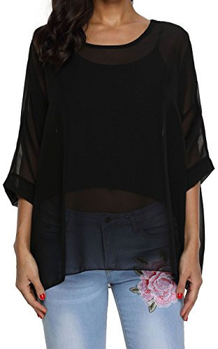 OUKIN Women Boho Stripe Sheer Chiffon Blouse Loose Batwing Sleeve T-Shirt Tunic Pullover Tops (X-Large, Black)