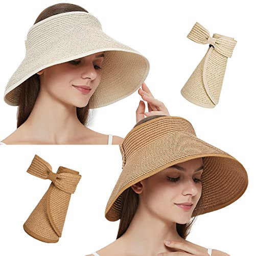 Maylisacc Visière été Chapeau de Paille, Élégant Large Bord Pare-Soleil Pratique pour Femmes UV Protection Solaire Open Top Capeline (Kaki + Crème, 2 Pièces)