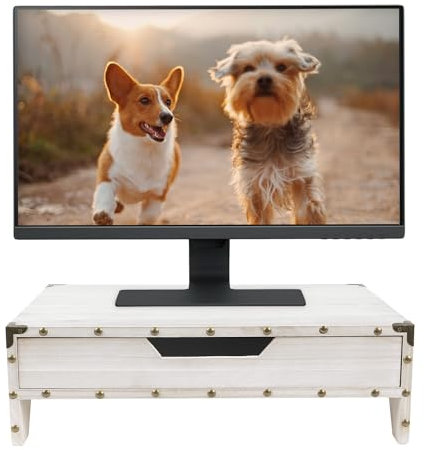 Ikee Design Monitorständer aus Holz mit 2 Ebenen, Schreibtischständer aus Holz für Laptop, TV, Computer-Erhöhung, Schreibtisch-Organizer, 41,6 x 26,7 x 14,7 x 14,8 cm, Weiß