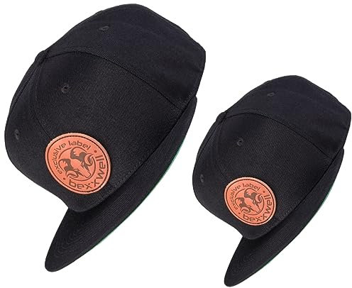 Bexxwell Snapback Caps 2er-Set Partnerlook für Klein und Groß schwarz mit Lederpatch (optimale Passform, Kinder, Kappe, Black, Unisex)