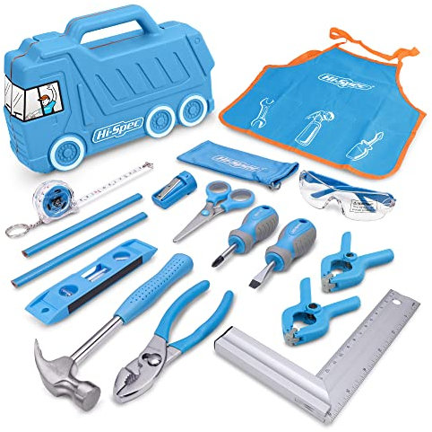 Hi-Spec 17-TLG. Echter Werkzeugkoffer für Kinder in Blauer LKW Box mit Kinderschürze, Schutzbrille, Wasserwaage, Handwerkzeuge, Sicherheitsschere. Nicht nur Spielwerkzeug - Echtes Kinder Werkzeugset!