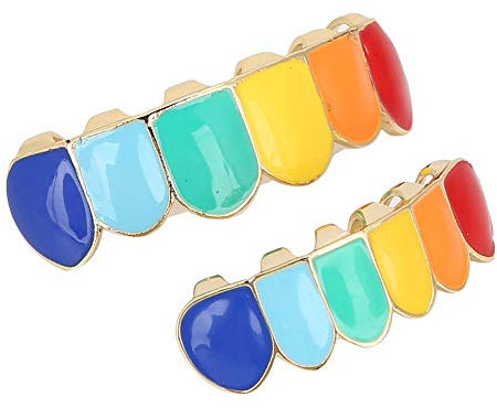 Bunte Grillz, Hip Hop Zähne Grillz Kappen Regenbogen Vampirzähne oben und unten für Halloween Kostümparty, Cosplay Leistung(Bunt)