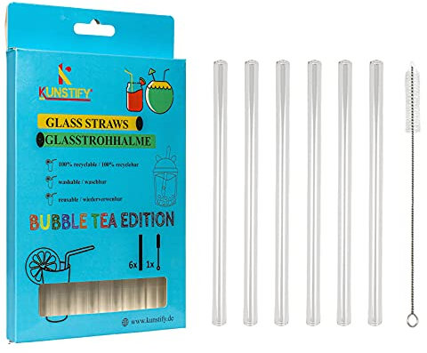 KUNSTIFY 6x BUBBLE TEA Glasstrohalme inkl. Reinigungsbürste - Bubble Tea Perlen genießen (Farbe: Transparent, BUBBLE TEA)