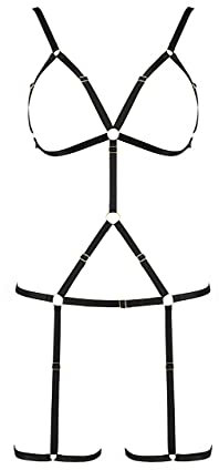 Selente Love & Fun Seducente Completo Intimo a 3/4 Pezzi: Reggiseno, Slip, (Reggicalze) e raffinata Benda per Occhi in Raso. Made in EU. (S-M, Nero Body Aperto Cinghie)