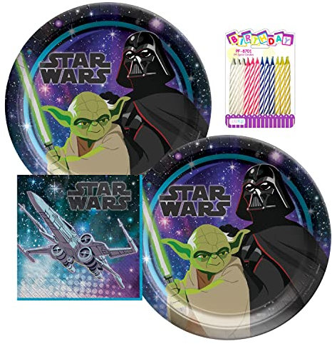 Amscan Star Wars Party Galaxy of Adventures Party Supplies Pack serve piatti da 22,9 cm e tovaglioli da pranzo con candele di compleanno LLILYKAI