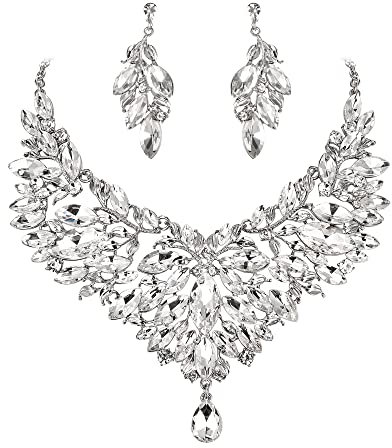 Clearine Braut Schmuck-Set Marquise-Kristall-Strass-Cluster-Statement-Halskette und baumelnden Ohrringe set für Damen Hochzeit Party Klar Silber-Ton