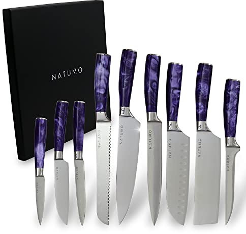 NATUMO Küchenmesser Set 9-teilig. HRC 56+ scharfes Messerset Profi in Damast-Optik aus Allzweckmesser, Fleischmesser, Gemüsemesser, Santoku Messer, Chefmesser (Lila)
