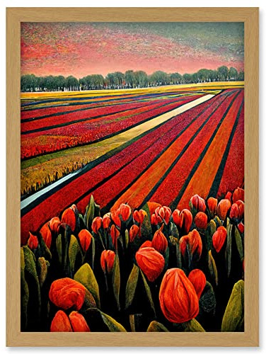 Doppelganger33 LTD Red Tulip Fields Of Holland Netherlands Modern Oil Artwork Framed Wall Art Print A4