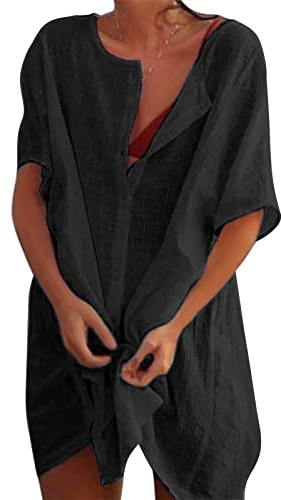 Svanco Robe De Plage pour Femme Tunique D'été Blouse De Plage Cache‑Maillot | 100% Coton, Léger Et Aéré, Boutonnage Sur Le Devant, Uni Et Épuré, Idéal Pour Les Vacances À La Plage