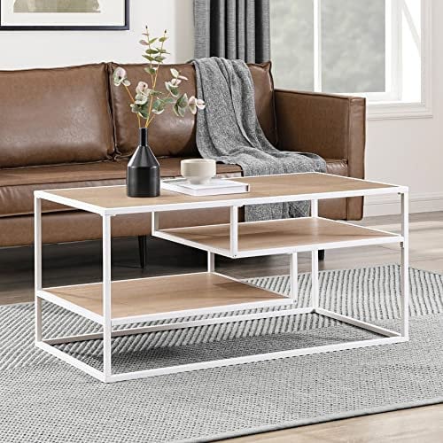 URBNLIVING Home Modern Industrial TV Unit Coffee Table for Screen Size up to 43 Inches with 1 or 2 Tiered Shelves White or Brown Wood With Metal Frame for Living Room or Office (Two Tier Coastal Oak)