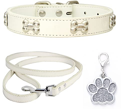 HALFSUMO Hundehalsband Leder Halsband Hundeleine Combo Set Hundehalsbänder Verstellbares Welpenhalsband für Kleine Mittelgroße Hunde Katzen Weiß L