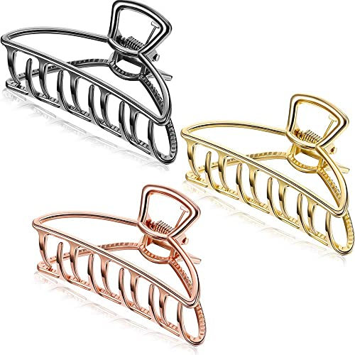 LATRAT Lot de 3 grandes pinces à cheveux en métal doré antidérapant - Grandes griffes en métal creux - Attrape-cheveux en pin - Antidérapantes - Pour femmes et filles