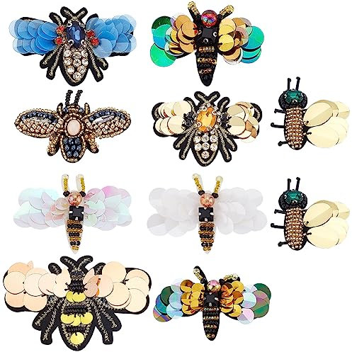 WEBEEDY 10 Stück Bienen Libelle Pailletten Patches Strass Perlen Patches nähen auf Stickerei Anwendungen DIY Handwerk Abzeichen für Kleidung Schuhe Socken Handtasche