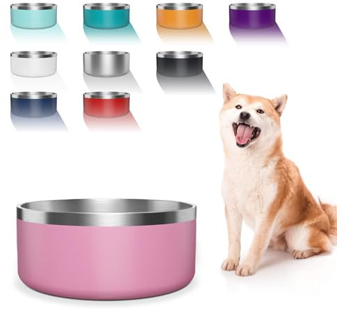 Dog Bowl, Stainless Steel Dog Food and Water Bowl with Non Slip Quiet Bottom, Easy to Clean, Dishwasher Safe, 40oz, Pink