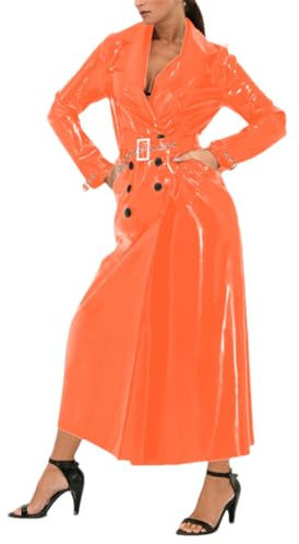 Wvapzxx Frauen Glänzende PVC-Leder Lange Jacke Mantel Faux Latex Revers Kragen Trenchcoat Mit Gürtel