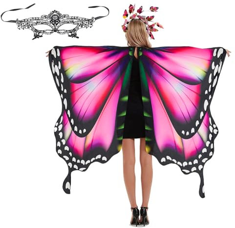 panthem Karnevalskostüm Damen Schmetterling Umhang für Fasching mit Haarreif, Schmetterlingsflügel Schmetterlinge Flügel Schal Karneval Kostüm Erwachsene Poncho für Halloween Cosplay Party