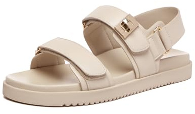 Rihero Women's Flat Sandals Comfort Adjustable Velcro Double Strap Slip on Leather Footbed Nude Sandals with Back Strap Size 8