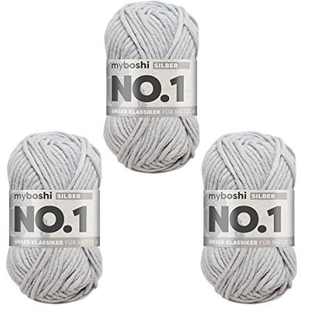myboshi No.1 Wolle zum Häkeln und Stricken, Schnellstrickgarn, langlebige Mützenwolle, Strickwolle, Häkelwolle, mulesing-frei, 50g, Ll 55m Grau (Silber) 3 Knäuel
