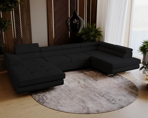 Emporius Ecksofa Sorlo U - Couch mit Schlaffunktion, verstellbare Kopfstützen, Bettkasten - Couch 345 cm U-Form - Ottomane rechts freistehend - Samtstoff Velvet (Schwarz - Amor Velvet 4322)