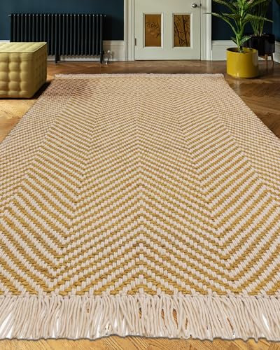 Lord of Rugs Jute Wool Rug for Living Room Bedroom Herringbone Bohemian Flatweave Short Pile Floor Carpet Natural Hand Woven Vigo Fringed Area Rug Ochre Yellow Medium 120x170 cm (4'x5'6)