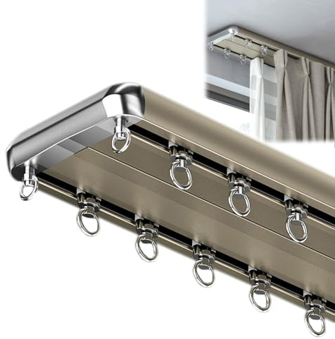 Gardinenschiene Vorhangschiene Aluminium,2-Läufige Gardinenschiene,Vorgebohrt Zur Deckenmontage,Deluxe Robuste Gardinenstange Für Raumteiler,Champagne,4.8M/16FT
