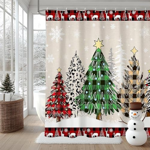 AIBIIN Tenda da doccia natalizia, foresta invernale, albero di Natale, bufalo a quadri, tende da bagno in poliestere resistente con 12 ganci, 180 x 180 cm