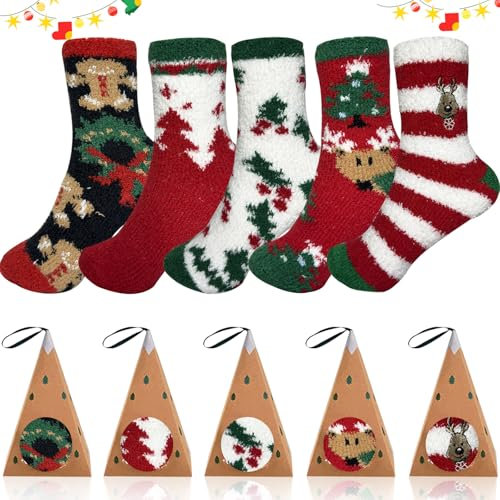 ZFHLZJY Calze Natalizie 5 Paia Calzettoni Donna Invernali,Calzini Divertenti Calzini Natalizi Calzini Termici,Regali Donna di Natale