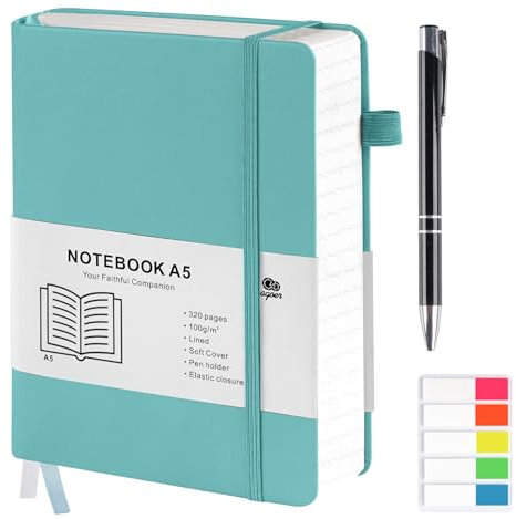 Agoer Quaderno A5 Azzurro, Quaderno Copertina Rigida e Chiusura ad Elastico, 100 g/m² Quaderno Appunti a Righe con 320 Pagine Numerate, Bullet Journal con Penna e Note Adesive per Ufficio, Scuola