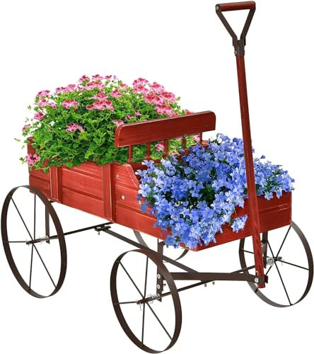 GOPLUS Jardiniere Balcon Forme Brouette avec 4 Roues en Métal, Brouette Decorative en Bois avec 2 Bac de Plantation Séparés avec Trous de Drainage pour Fleur, Charge 15kg, 35×63×62,5 CM (Rouge)