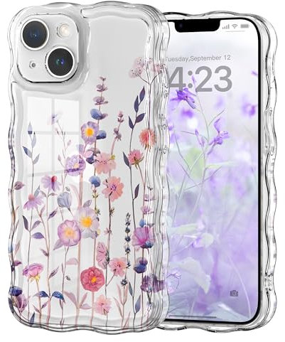 Micoden Cute Curly Wave Case for iPhone 14,Clear with Anti-Yellowing Flower Floral,Soft TPU Slim Bumper Shockproof Anti-Scratch Protective Wavy Cover for Girls Women-Colorful