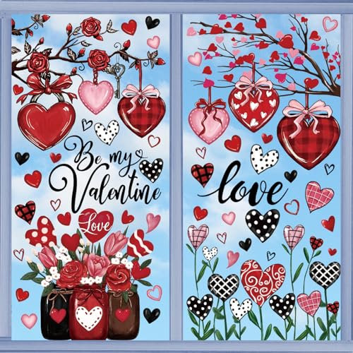 JarThenaAMCS Fensteraufkleber zum Valentinstag, Liebe, Herz, Pflanze, Rose, Blume, doppelseitig, wiederverwendbar, Fensteraufkleber für Party, Zuhause, Büro, Klassenzimmer, Dekoration, 4 Blatt