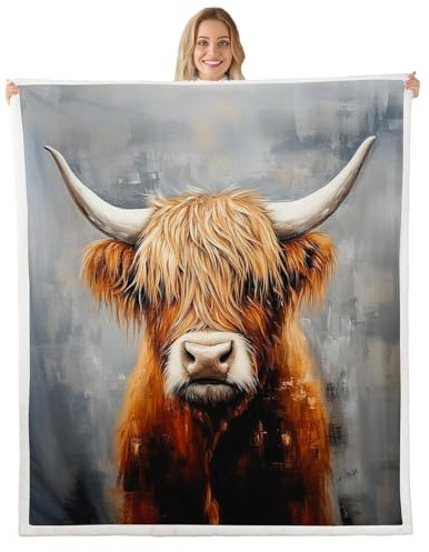 Loussiesd Hochlandkuh Decke 150x200cm Hochlandrinder Couchdecke Tier Kuscheldecke Weich Wildtiere Flanell Fleecedecke Zimmer Dekor Grau Orange Wohndecke