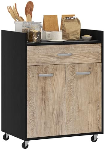 HOMCOM Carrello da Cucina Portavivande per Microonde con Cassetto e Armadietto, Isola per Cucina in Legno con 4 Ruote e Ripiano Regolabile, 60x40x77 cm, Nero e Grigio