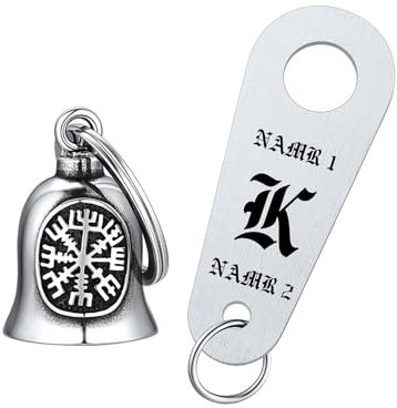 FaithHeart Personnalisé Prénom Porte Clés Clochette Moto Porte Bonheur Porte Cléf Viking Vegvisir Boussole Homme Guardian Bell Bijoux pour Moto Biker