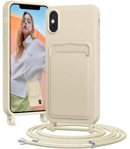 BENTIACC Handykette Silikon Hülle für iPhone X/XS mit Band, Handyhülle mit Kartenfach, Abnehmbar Kordel Kette, Stoßfeste Schutzhülle für iPhone X/XS (Beige)