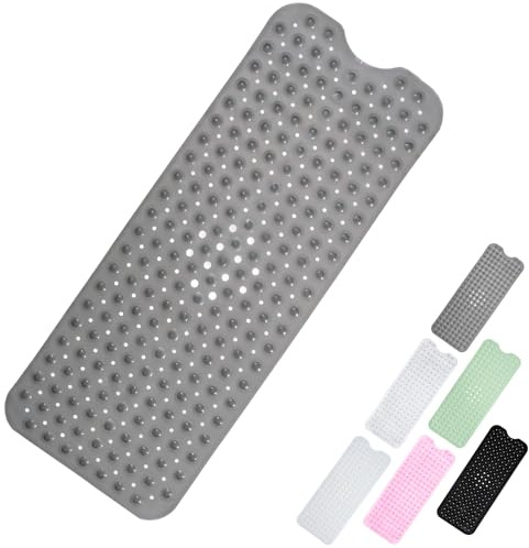 Dusch-Badematte 100x40cm, Extra lange Duschmatte Anti-Schimmel-Badematten Grau, Rutschfeste Badematte für Wanne, Duschmatte mit Saugtaschen, Ablauflöcher, Maschinenwaschbare Badezimmer-Badewannematten