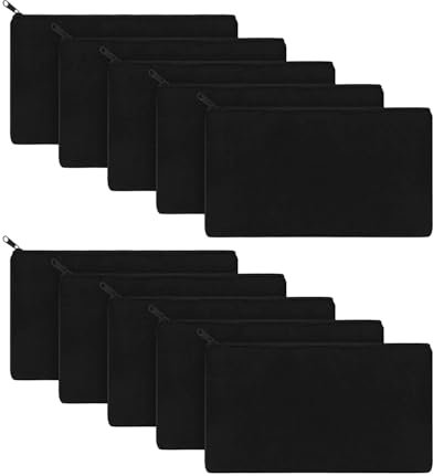 ESMENATZLS 10 Stück blanko beige DIY Basteltasche Leinwand Federmäppchen Make-up Taschen Reißverschluss Bleistifttasche Kosmetiktasche Schule Handwerk Schreibwaren Zubehör, 10 x schwarzer Stoff,