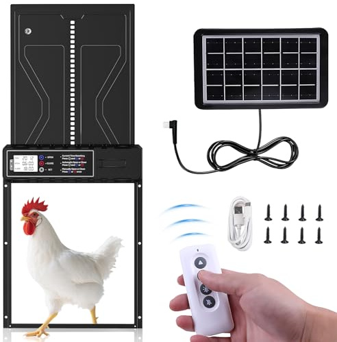 Automatic Chicken Coop Door Solar Powered with Timer and Remote, 3 Mixed-Mode Aluminum Alloy Solar Chicken Coop Door with Anti-Pinch Design, LCD Display, Waterproof, and Low Battery Warning