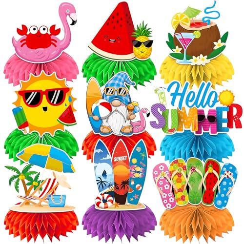 LandReCol 9 Stück Beach Party Deko, Hawaii Party Deko, Sommerparty Deko Set, Farbige 3D Waben Fotorequisiten für Strandparty und Tiki Bar, Ideale Deko für Sommerfeste und Fotoaufnahmen