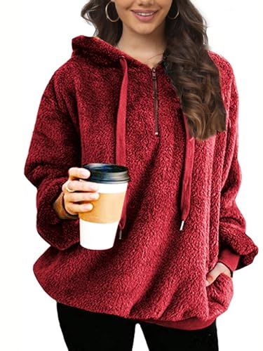 Vossmi Sudaderas Mujer con Capucha Cremallera Cálido Sudadera Forro Polar Mujers Oversize Hoodie Sweatshirt con Bolsillo Invierno,Burdeos S