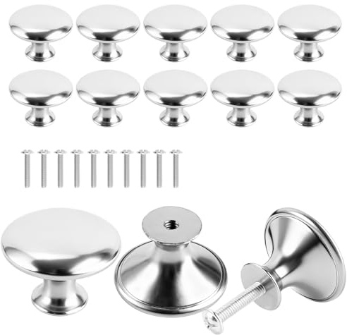 10 stycken möbelknoppar silver, 30 mm rostfritt stål skåpknappar | med 10 stycken 20 mm skruvar, runda lådknappar, möbelknopp för skåp, garderober, toalettbord, lådor