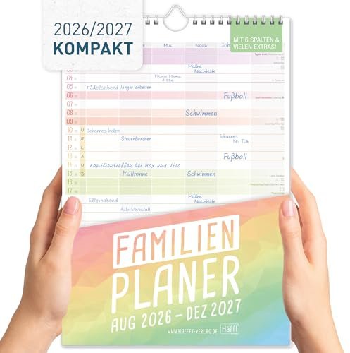 Häfft® Kompakter Familienkalender klein 2026/2027 mit 6 Spalten Rainbow | 17 Monate Wandkalender kompakt, Familienplaner von Aug. 2026 bis Dez. 2027 mit Feiertags- und Ferienübersicht für DE & AT