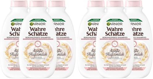 Garnier Wahre Schätze Beruhigendes Shampoo Sanfte Hafermilch für empfindliches Haar und sensible Kopfhaut, 3 x 250 ml (Packung mit 2)